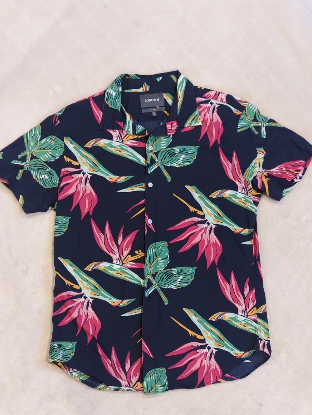 Bonobos Navy Button-Down Shirt with Pink & Green Tropical Print
